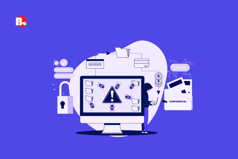 Illustration of a cybersecurity shield protecting web development code and organizational data.