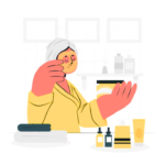 Vector illustration of a girl applying skincare products, highlighting steps in a Korean skincare for oily skin, featuring budget-friendly products from popular brands like COSRX, SKIN1004, and TIRTIR.