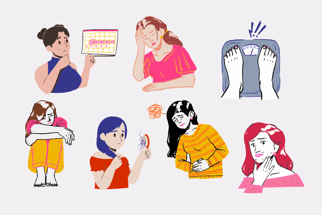 PCOS symptoms including hairfall, weight gain, acne, irregular periods, mood swings, and anxiety represented with graphics and illustrations.